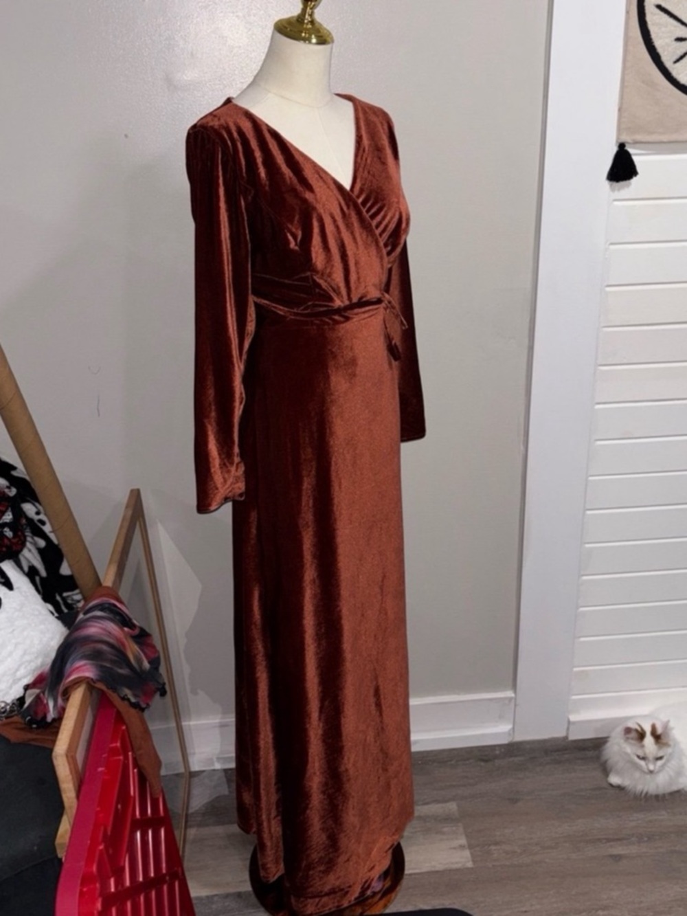 Rust Burnt Orange Velvet Wrap Maxi Dress